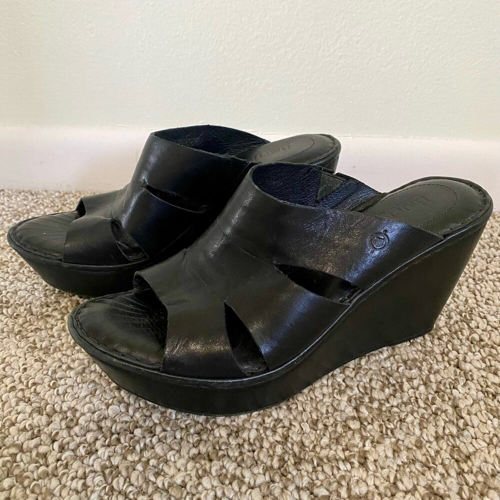 Born Black Leather Wedge Sandals